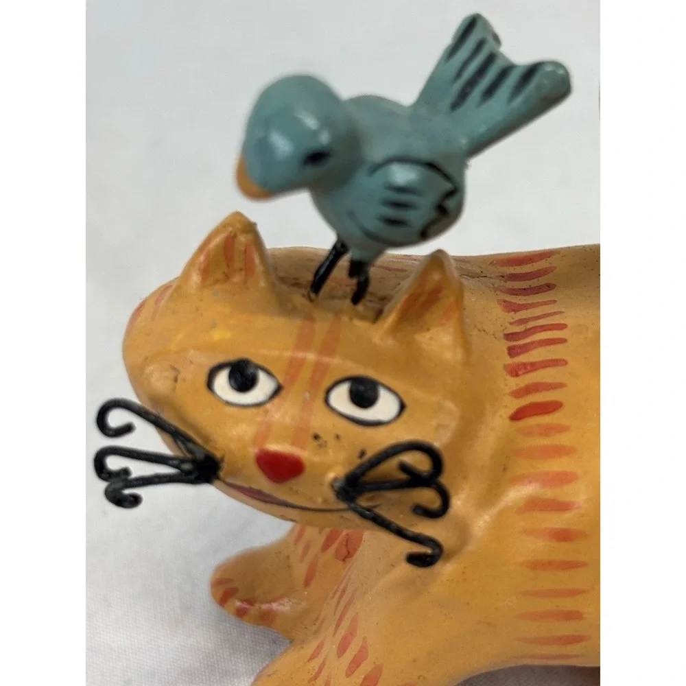 Vtg Small Cat And Bluebird Carved Figure Mini Folk Art Whimsy Crazy Cat Lady